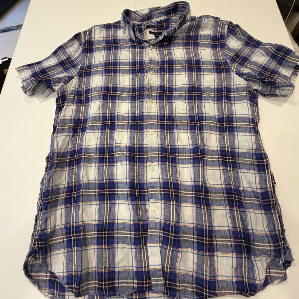 Banana Republic Men's L 100% Linen Plaid Shirt Coastal Preppy Camden Fit